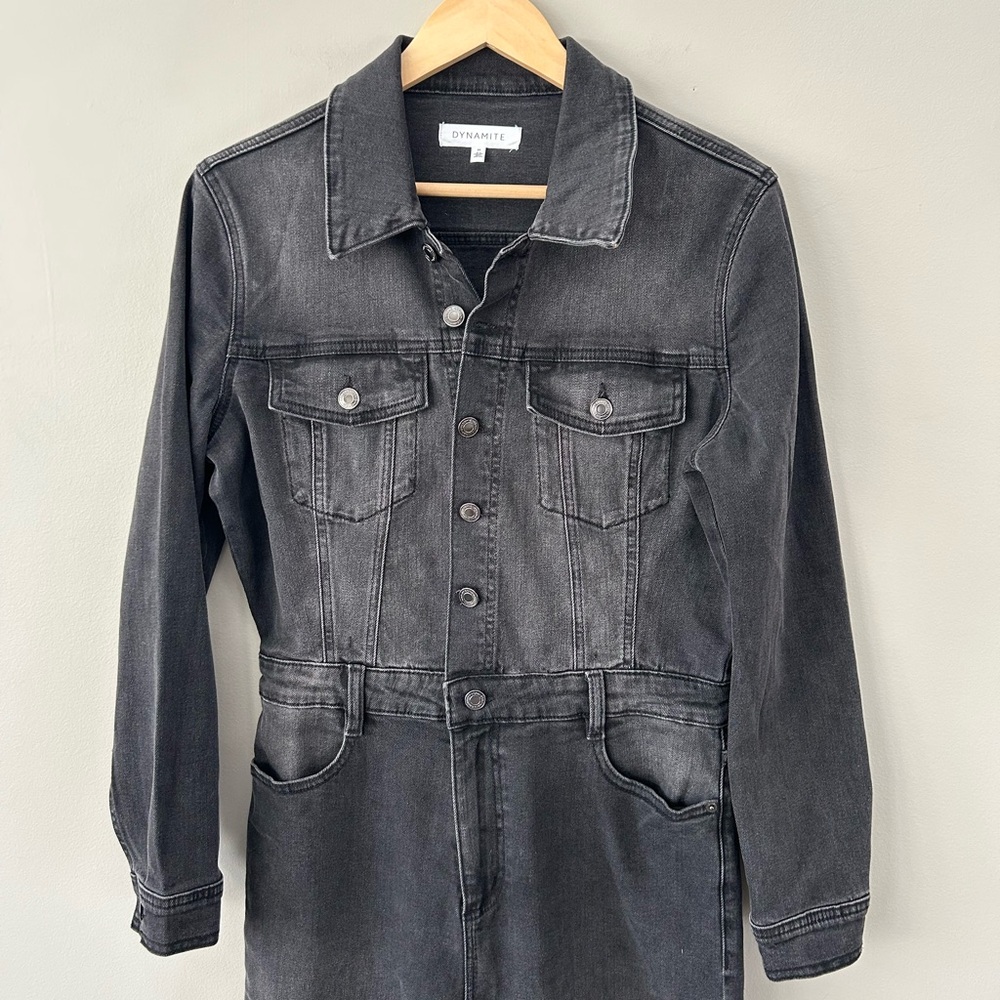 DYNAMITE Distressed Black Denim Long Sleeve Western Chic Straight Leg Jumpsuit - Picture 6 of 8